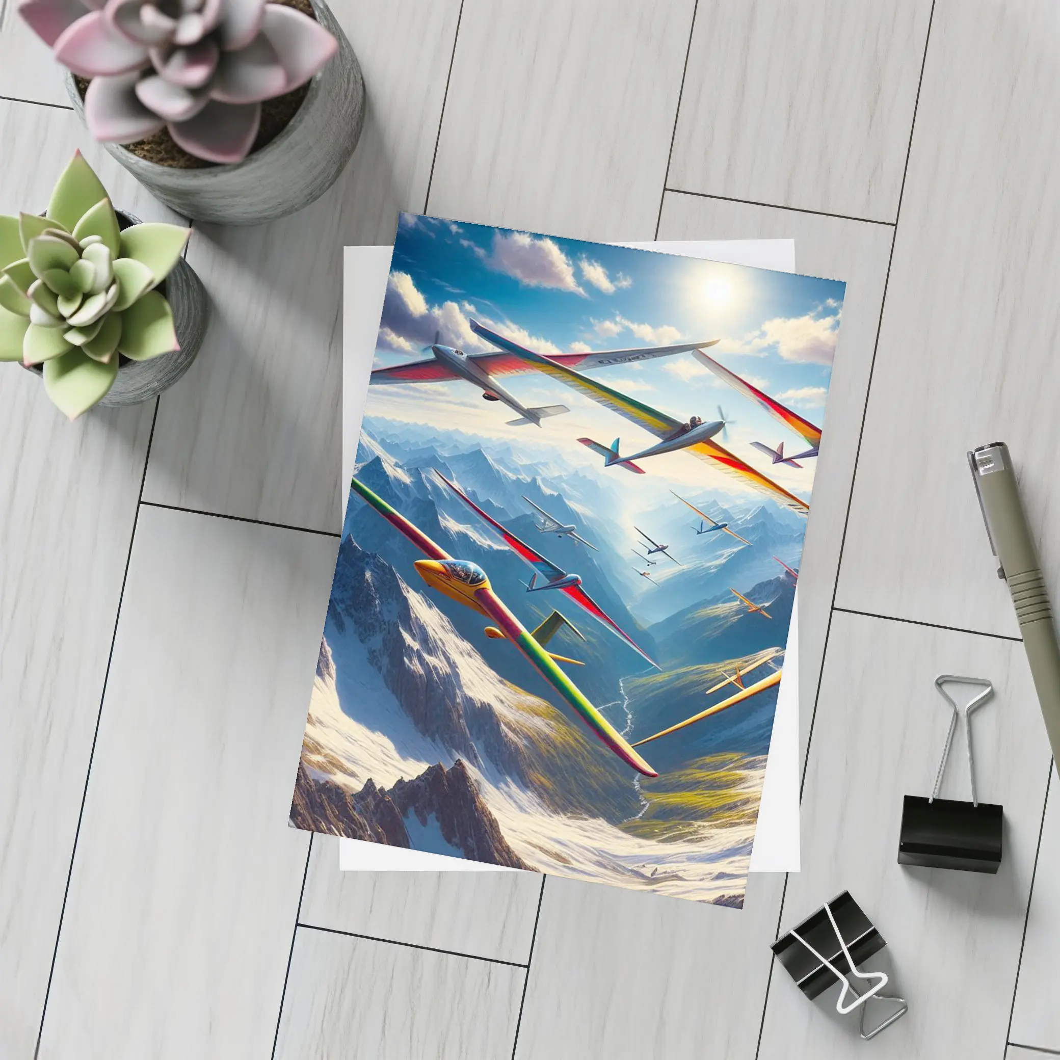 Gliders Soaring Over Snowy Mountain Peaks – Postcards