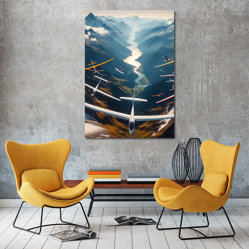 Gliders Soaring Over Mountain Valley River – Wall Art