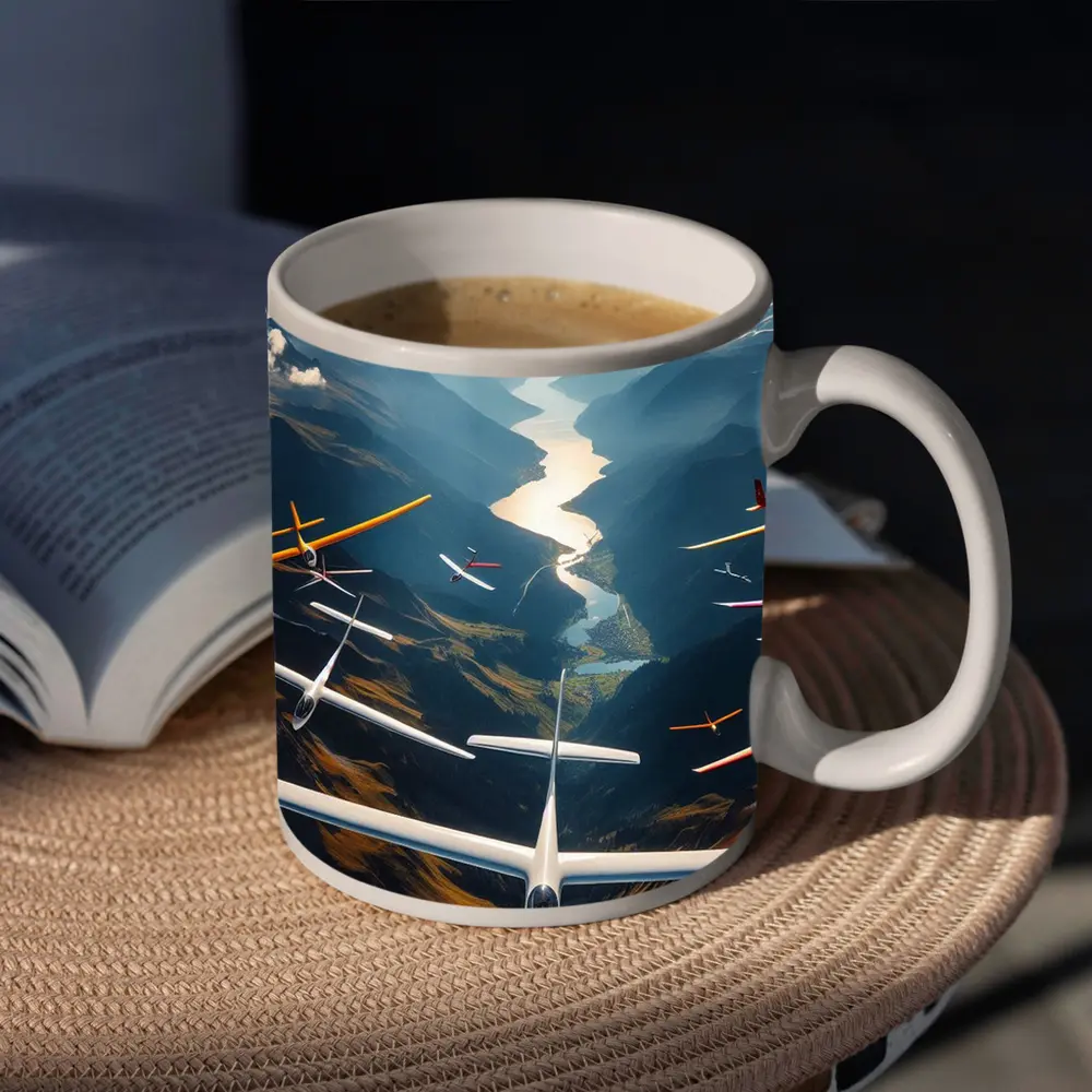 Gliders Soaring Over Mountain Valley River – Mugs