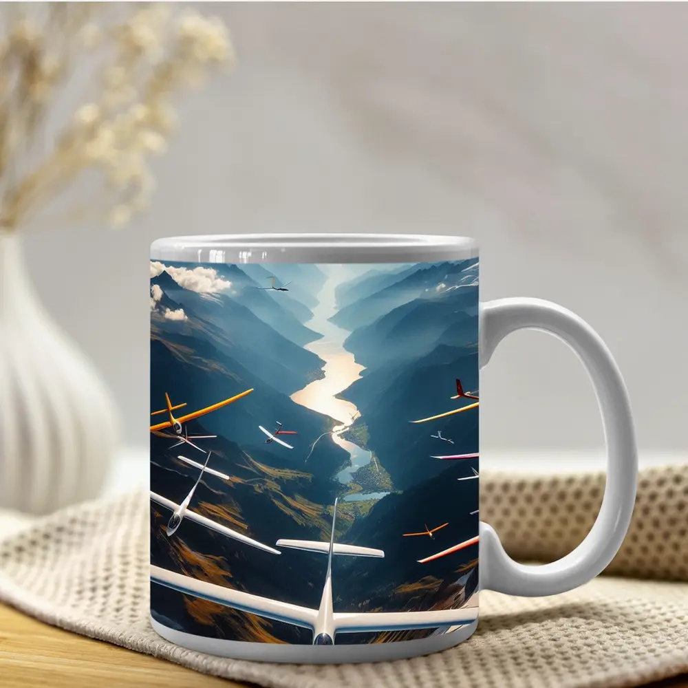Gliders Soaring Over Mountain Valley River – Mugs