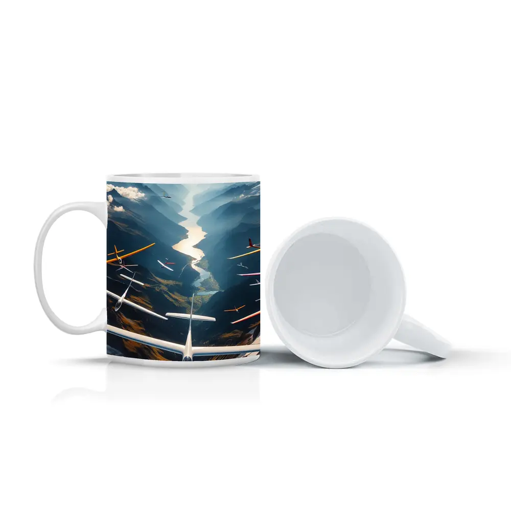 Gliders Soaring Over Mountain Valley River – Mugs