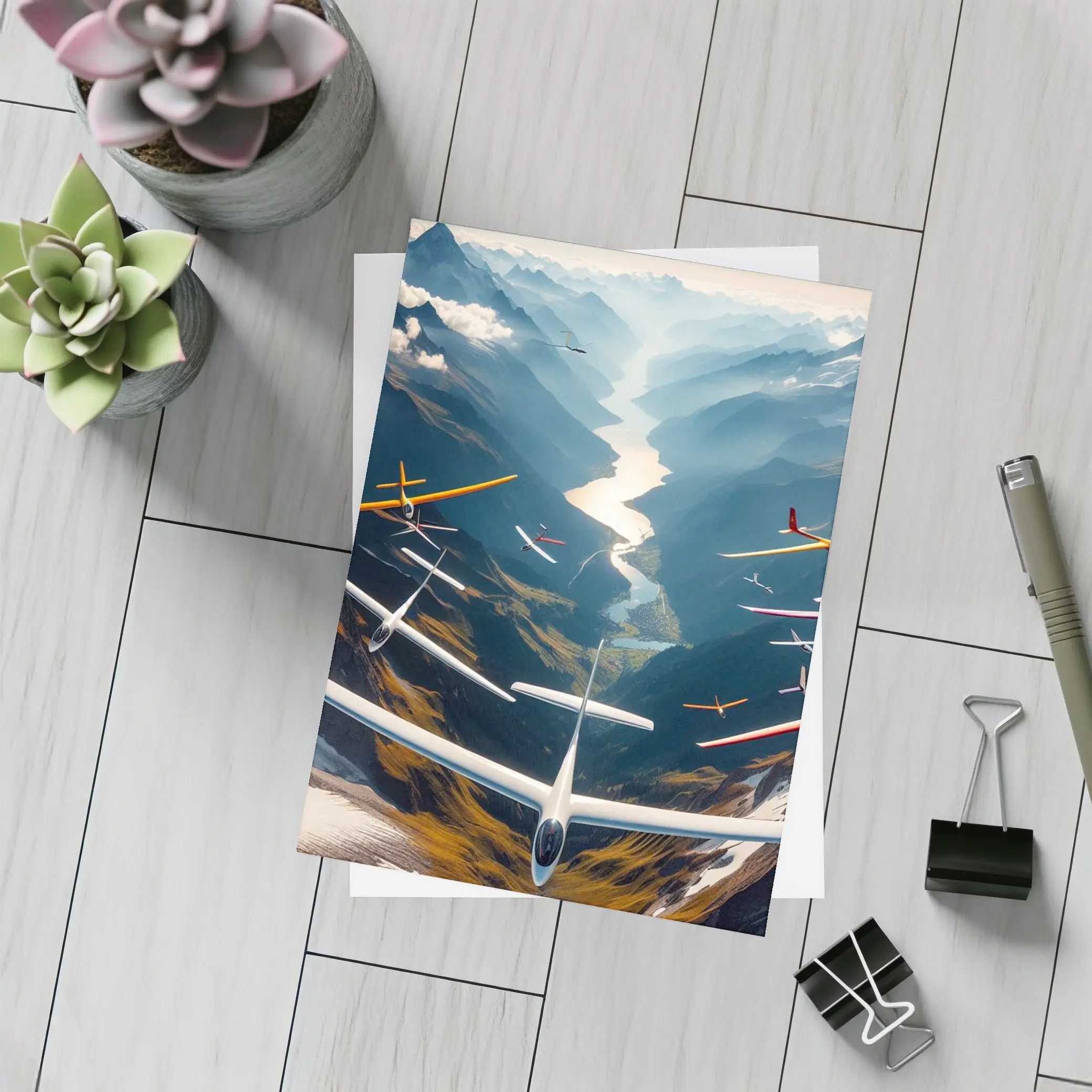 Gliders Soaring Over Mountain Valley River – Postcards