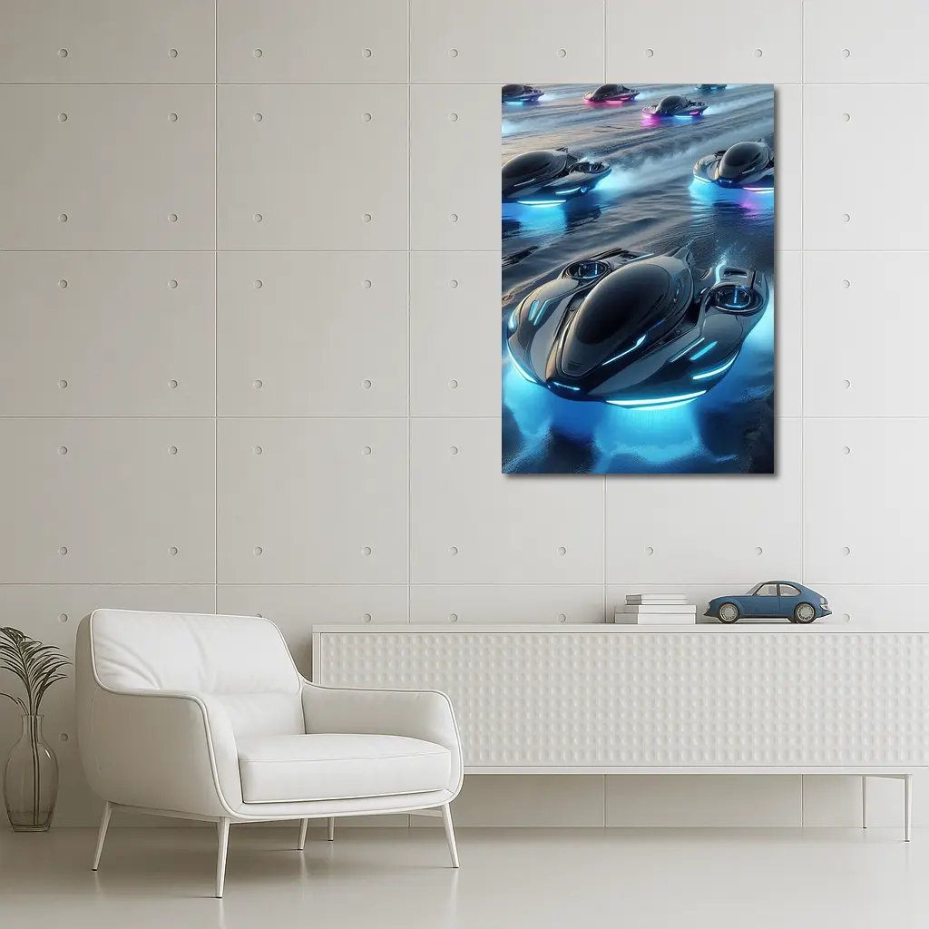 Futuristic Hovercrafts Racing Over Water Surface – Wall Art