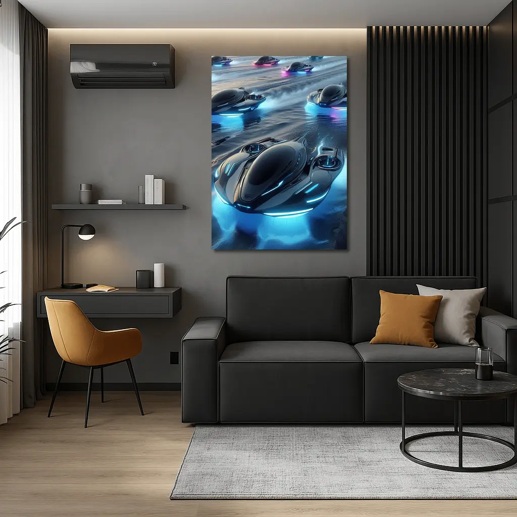 Futuristic Hovercrafts Racing Over Water Surface – Wall Art