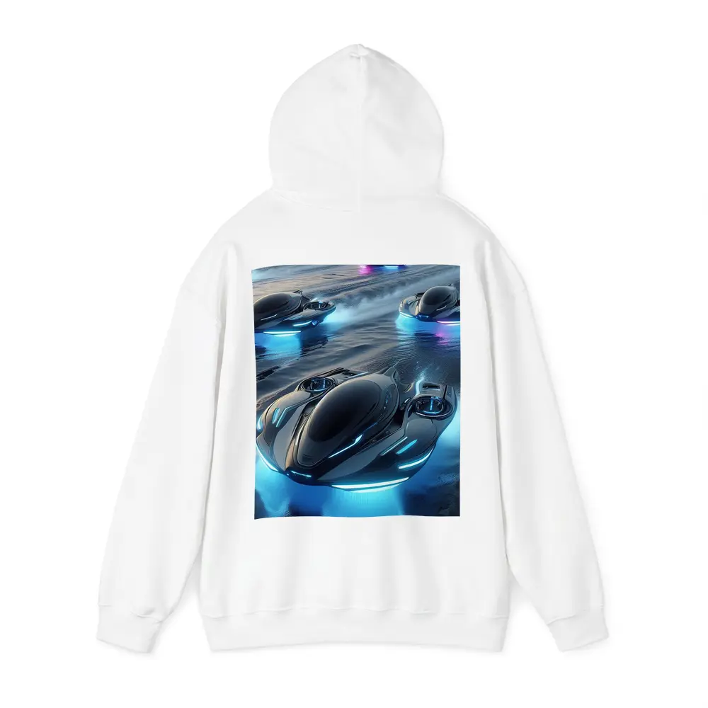 Futuristic Hovercrafts Racing Over Water Surface – Hoodies