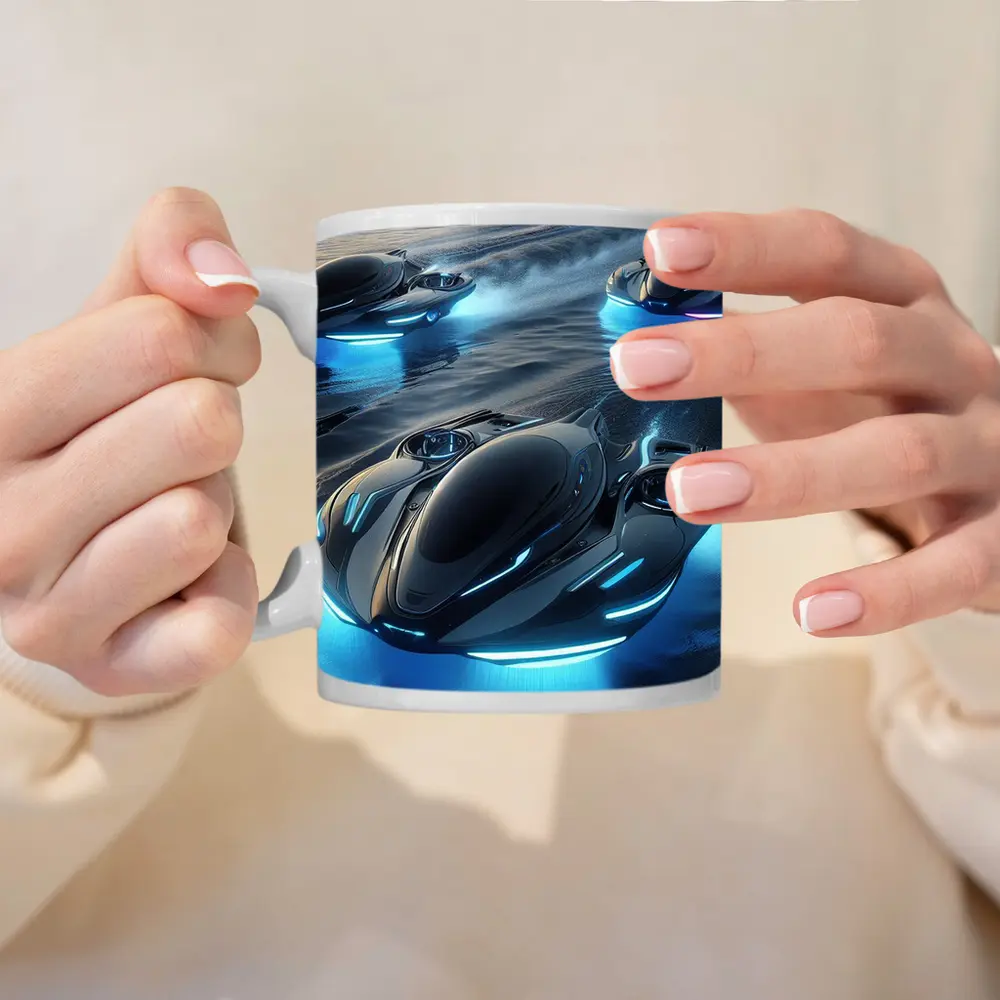Futuristic Hovercrafts Racing Over Water Surface – Mugs