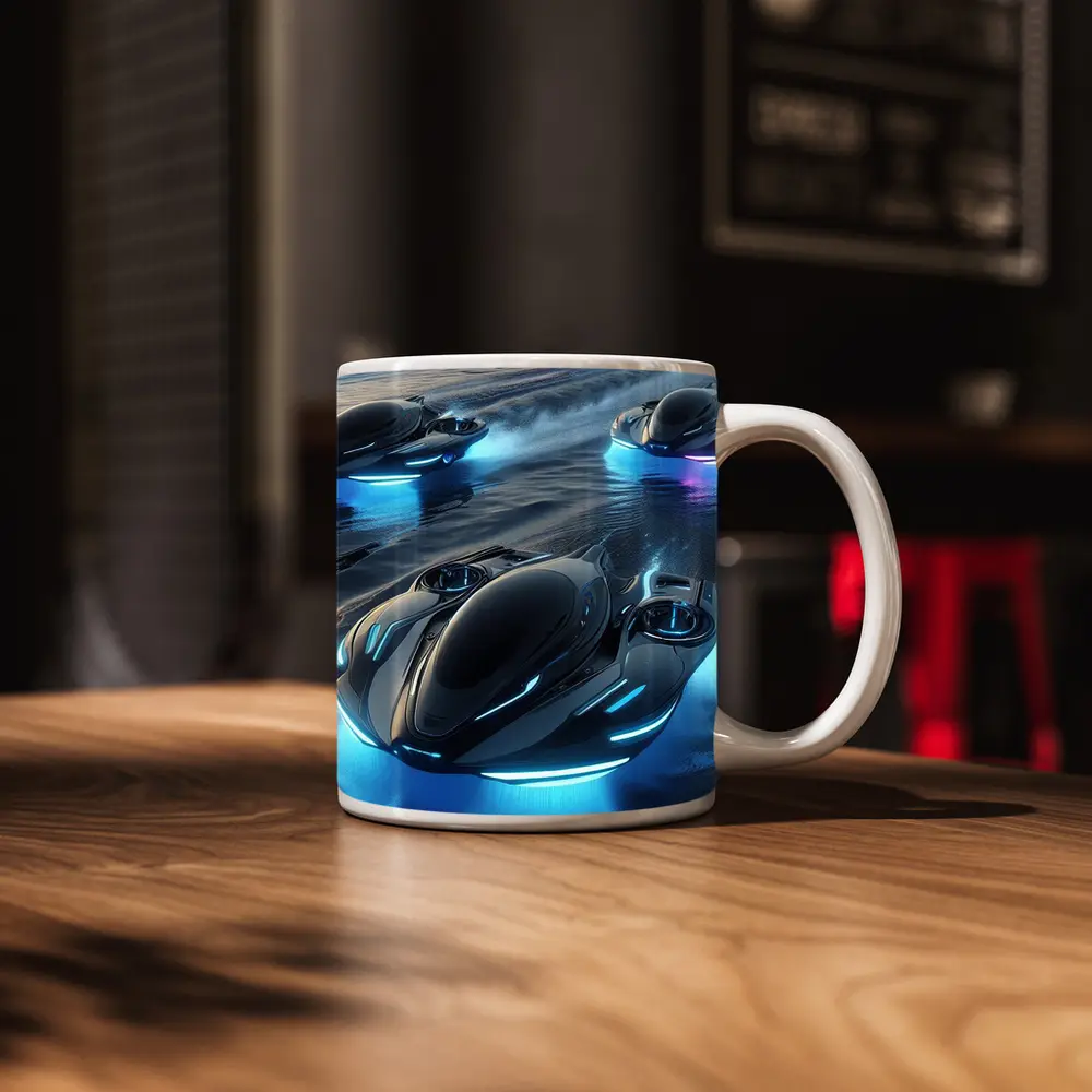 Futuristic Hovercrafts Racing Over Water Surface – Mugs