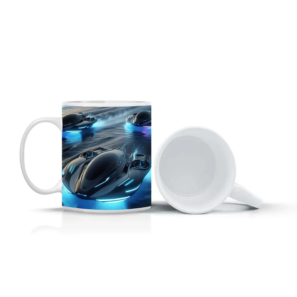 Futuristic Hovercrafts Racing Over Water Surface – Mugs