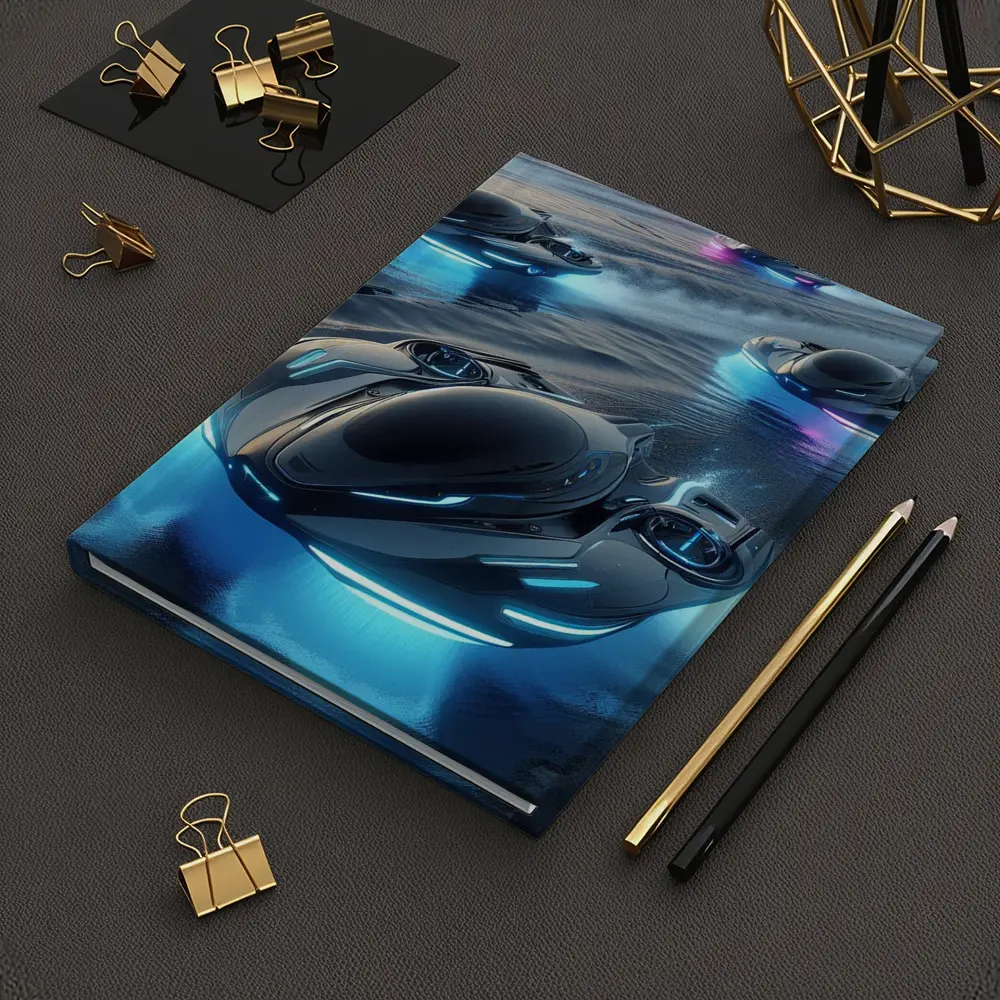 Futuristic Hovercrafts Racing Over Water Surface – Notebooks