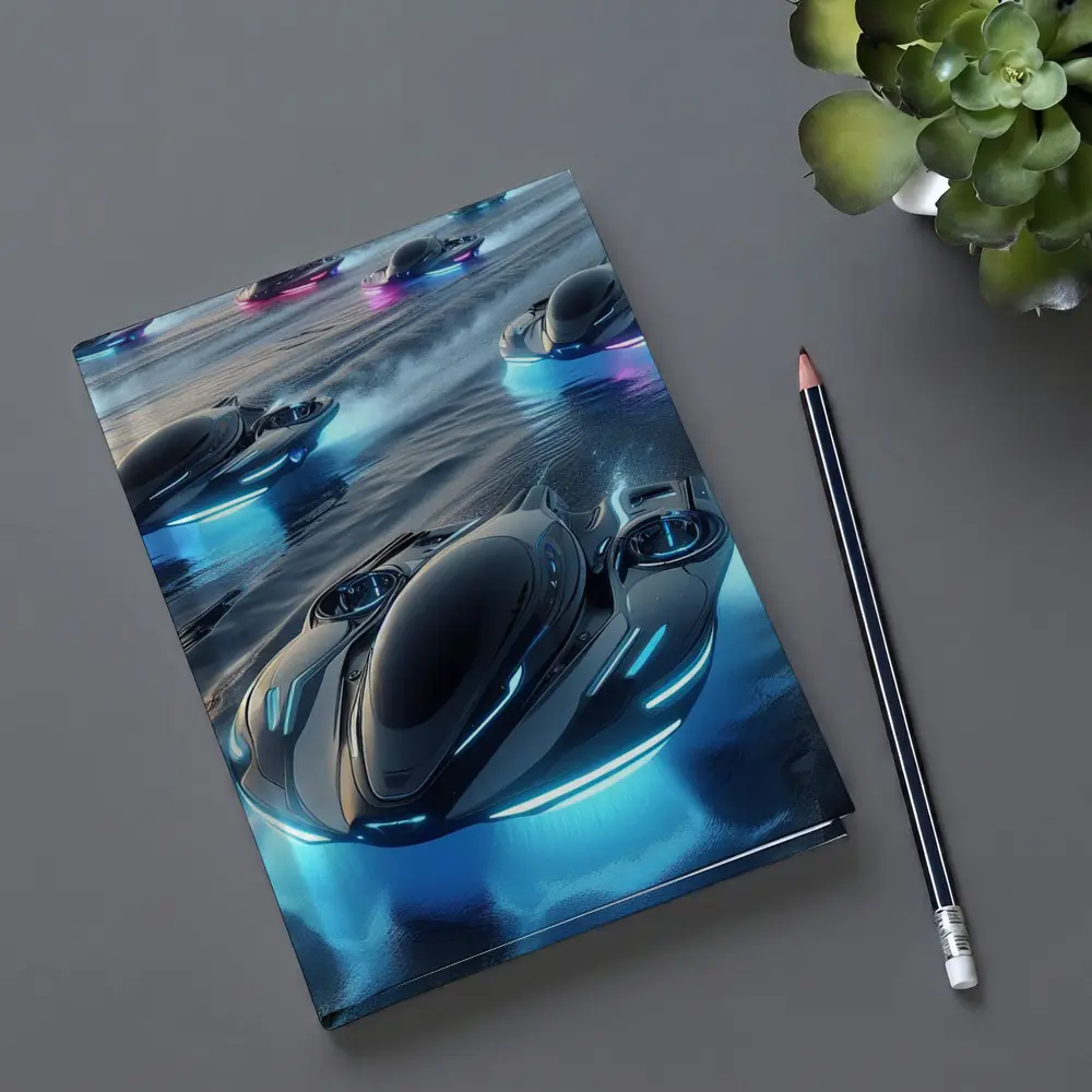 Futuristic Hovercrafts Racing Over Water Surface – Notebooks