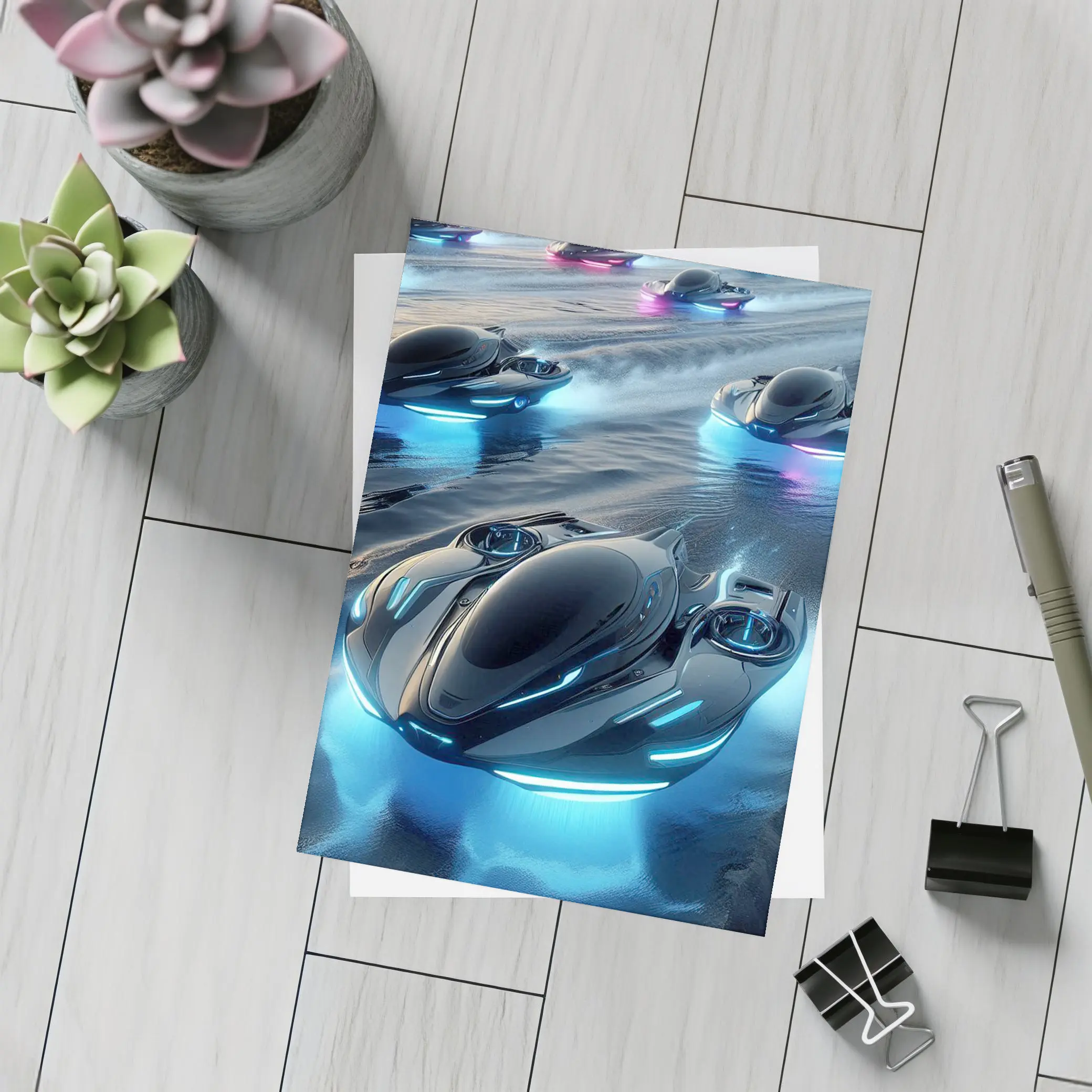 Futuristic Hovercrafts Racing Over Water Surface – Postcards