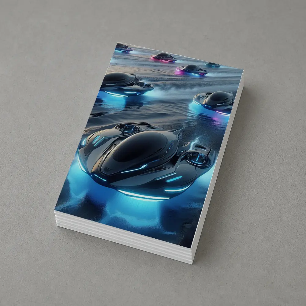 Futuristic Hovercrafts Racing Over Water Surface – Postcards