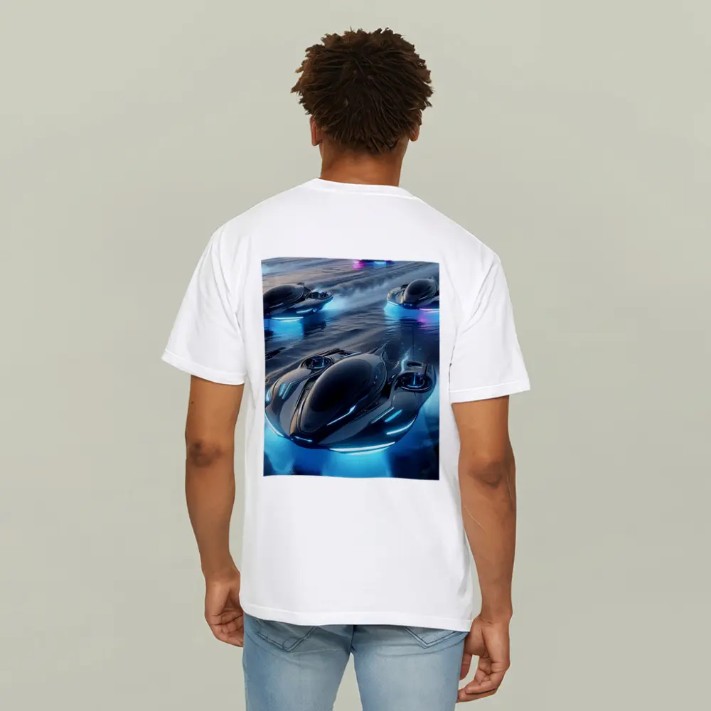 Futuristic Hovercrafts Racing Over Water Surface – T-Shirts