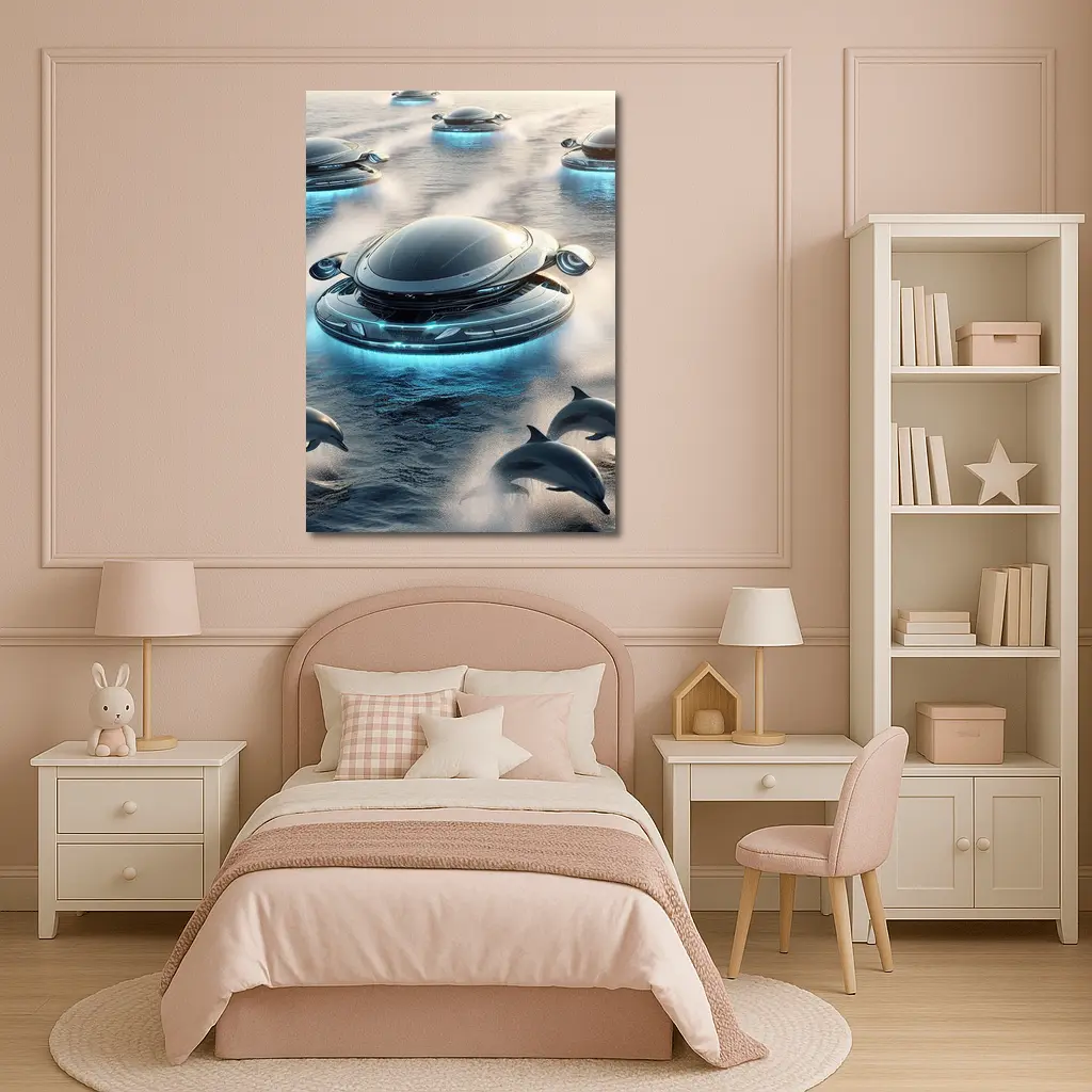 Futuristic Flying Saucers Hovering Over Ocean Dolphins – Wall Art