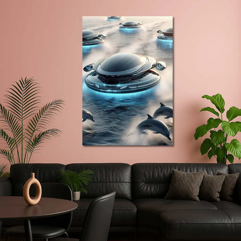 Futuristic Flying Saucers Hovering Over Ocean Dolphins – Wall Art