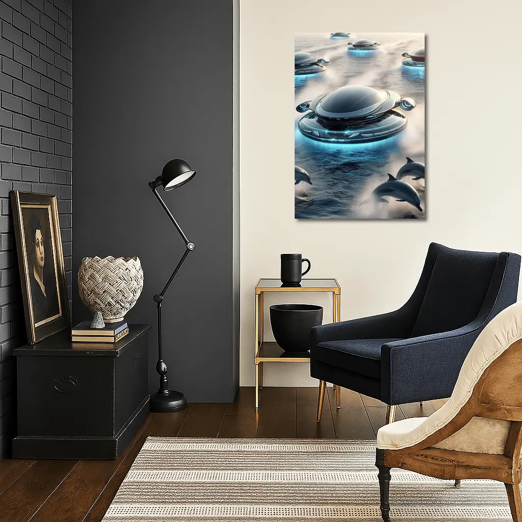 Futuristic Flying Saucers Hovering Over Ocean Dolphins – Wall Art