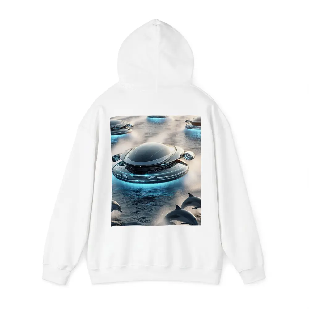Futuristic Flying Saucers Hovering Over Ocean Dolphins – Hoodies