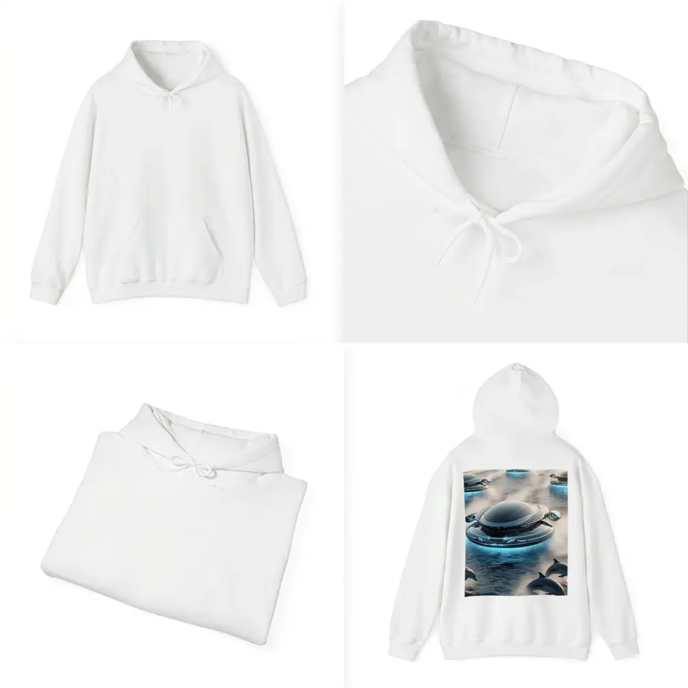 Futuristic Flying Saucers Hovering Over Ocean Dolphins – Hoodies