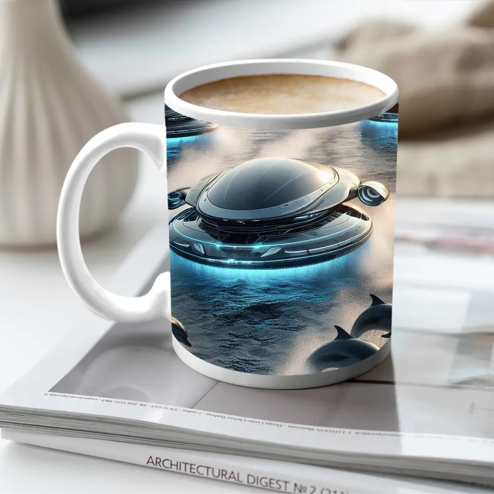 Futuristic Flying Saucers Hovering Over Ocean Dolphins – Mugs