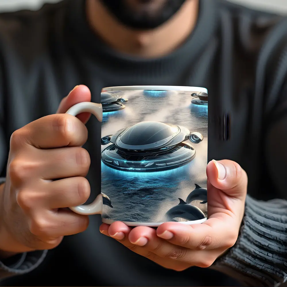 Futuristic Flying Saucers Hovering Over Ocean Dolphins – Mugs