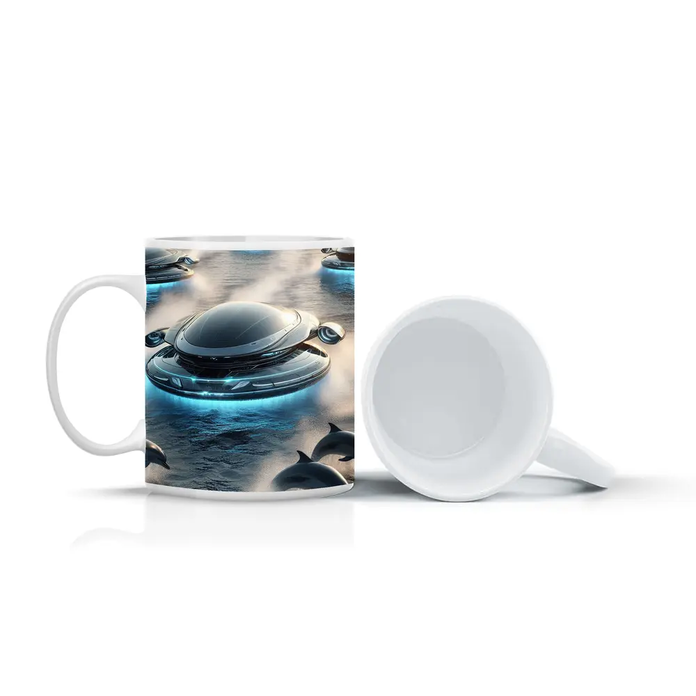 Futuristic Flying Saucers Hovering Over Ocean Dolphins – Mugs