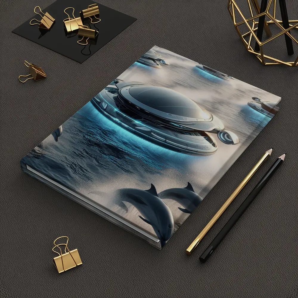 Futuristic Flying Saucers Hovering Over Ocean Dolphins – Notebooks