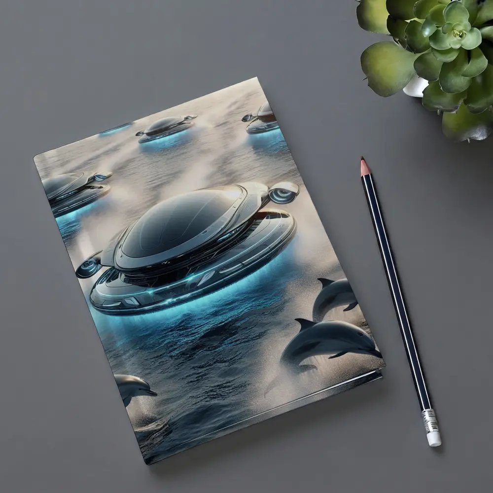 Futuristic Flying Saucers Hovering Over Ocean Dolphins – Notebooks