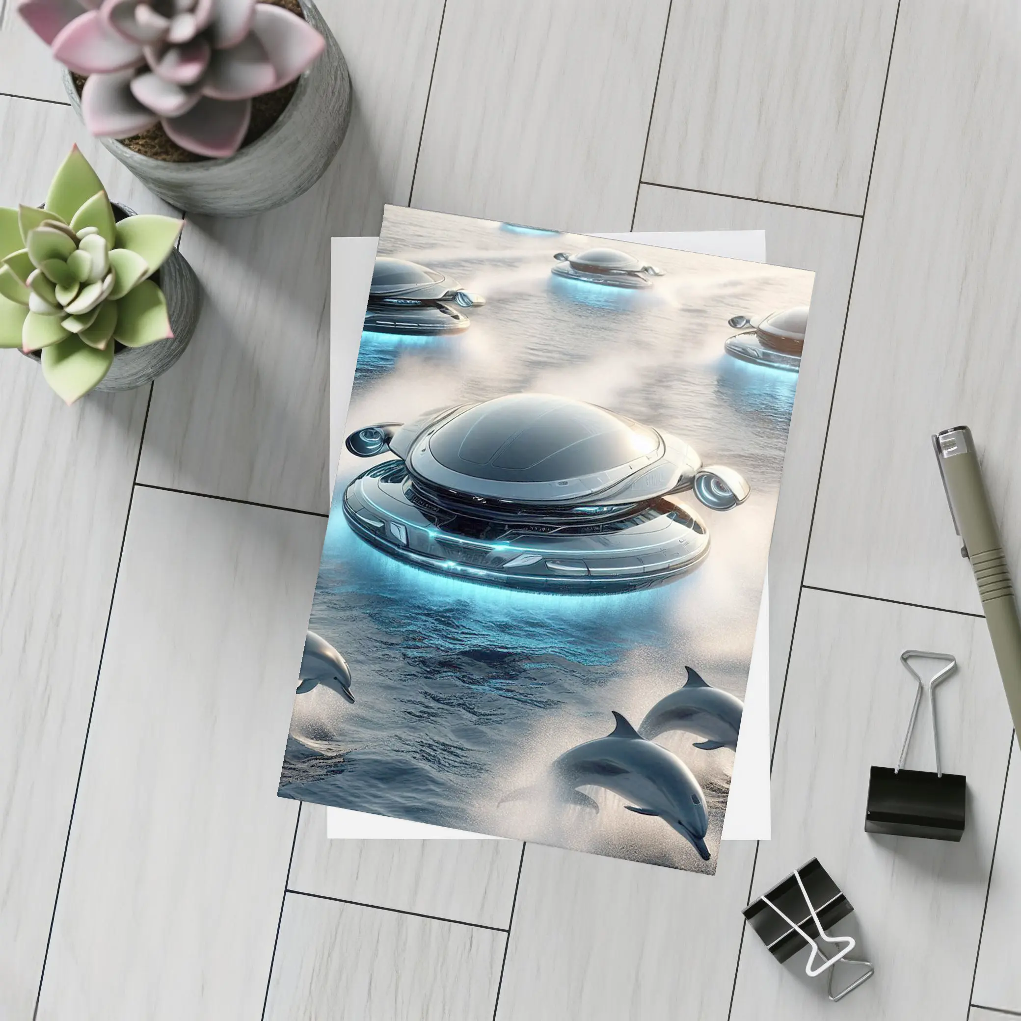 Futuristic Flying Saucers Hovering Over Ocean Dolphins – Postcards