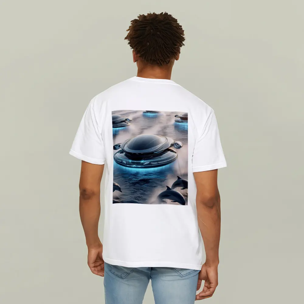 Futuristic Flying Saucers Hovering Over Ocean Dolphins – T-Shirts