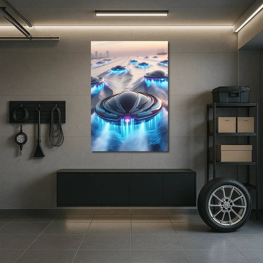 Futuristic UFO Fleet Over Neon Ocean – Wall Art