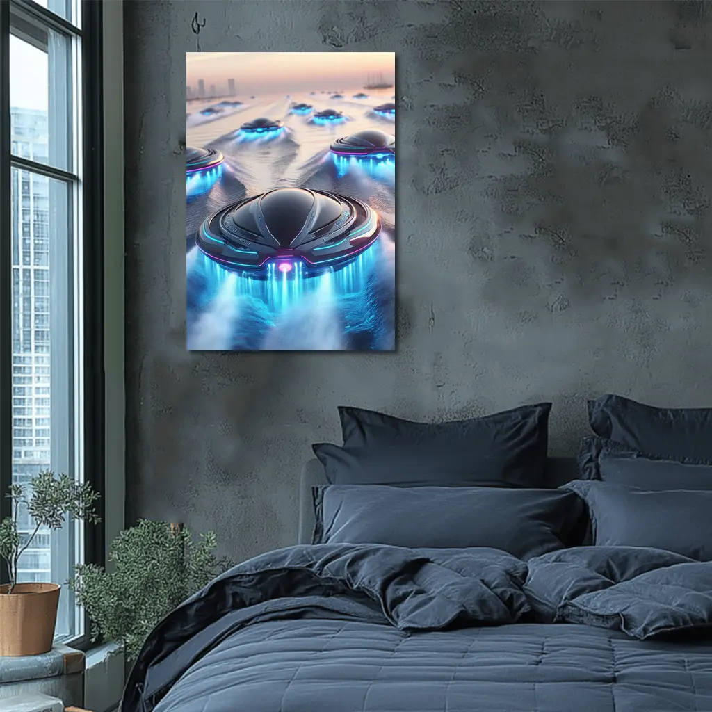 Futuristic UFO Fleet Over Neon Ocean – Wall Art