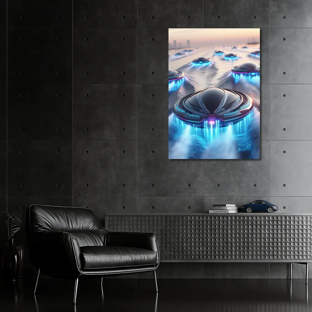 Futuristic UFO Fleet Over Neon Ocean – Wall Art