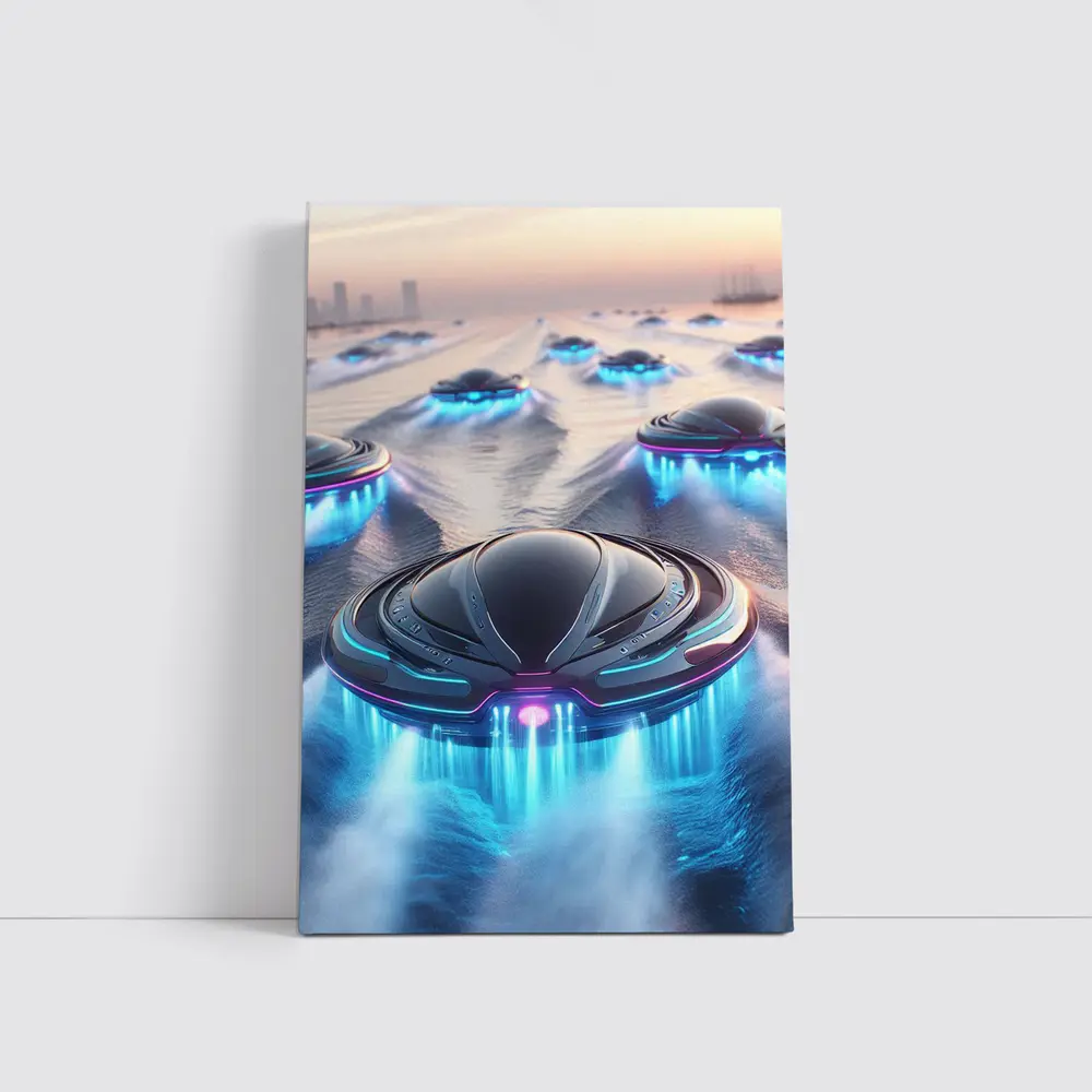 Futuristic UFO Fleet Over Neon Ocean – Wall Art
