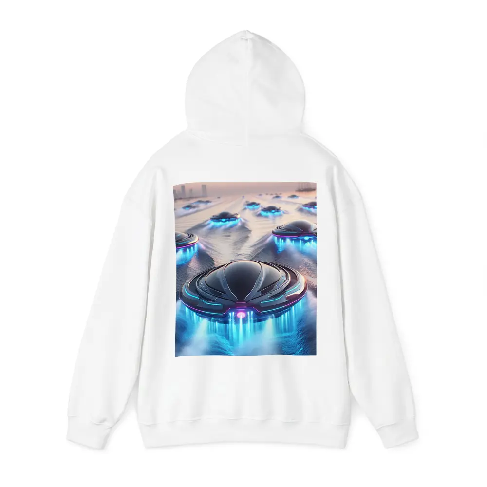 Futuristic UFO Fleet Over Neon Ocean – Hoodies