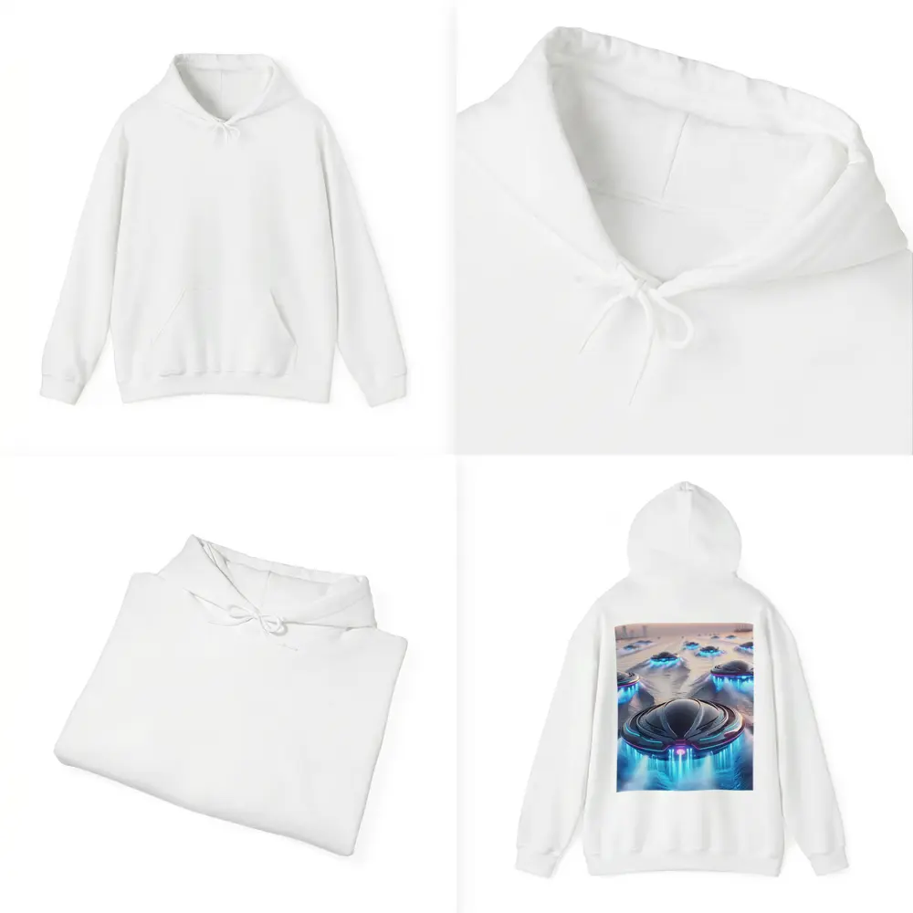 Futuristic UFO Fleet Over Neon Ocean – Hoodies