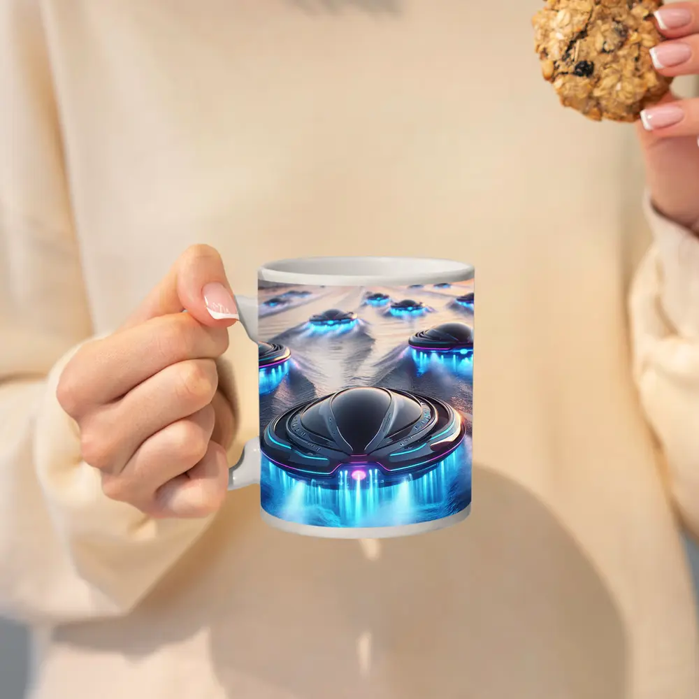 Futuristic UFO Fleet Over Neon Ocean – Mugs