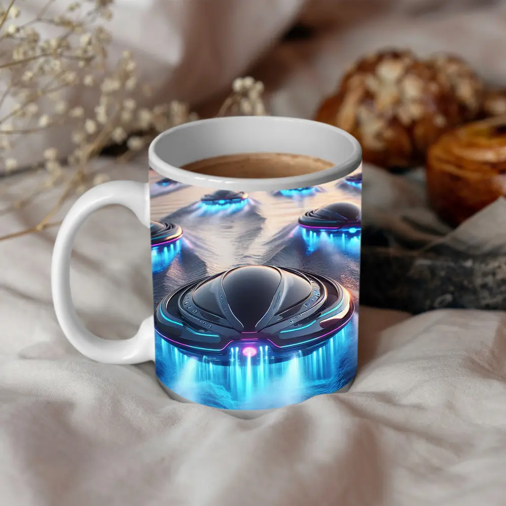 Futuristic UFO Fleet Over Neon Ocean – Mugs