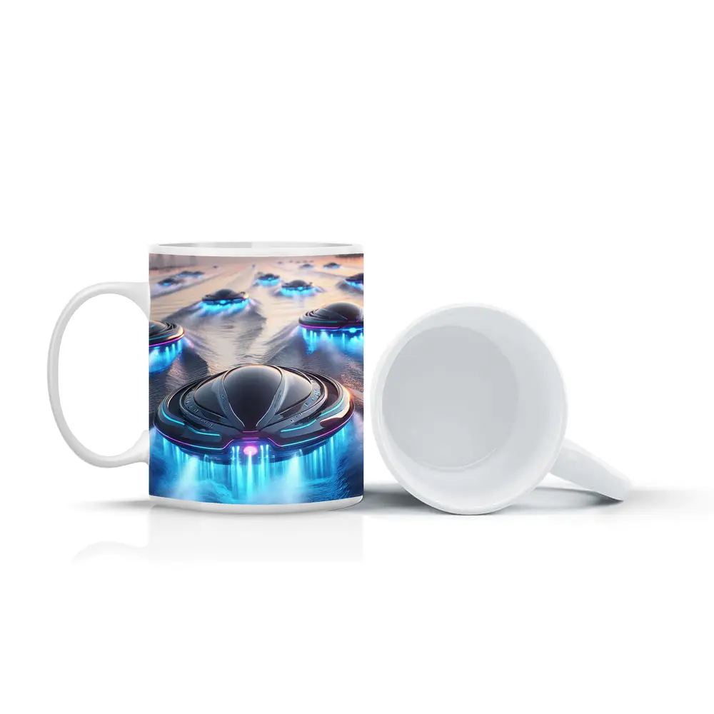 Futuristic UFO Fleet Over Neon Ocean – Mugs