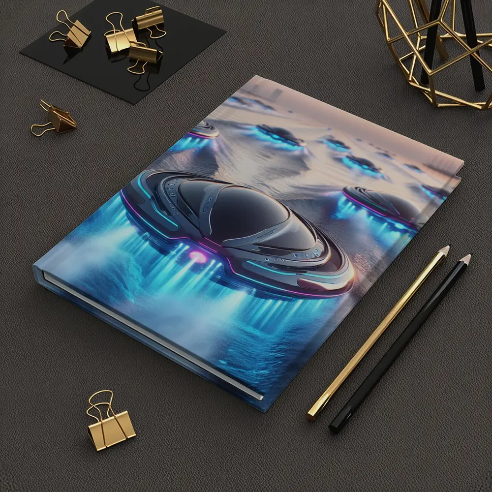 Futuristic UFO Fleet Over Neon Ocean – Notebooks