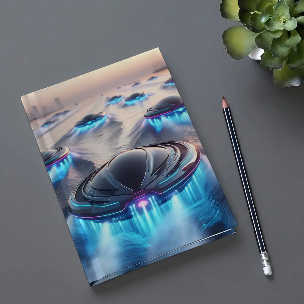 Futuristic UFO Fleet Over Neon Ocean – Notebooks