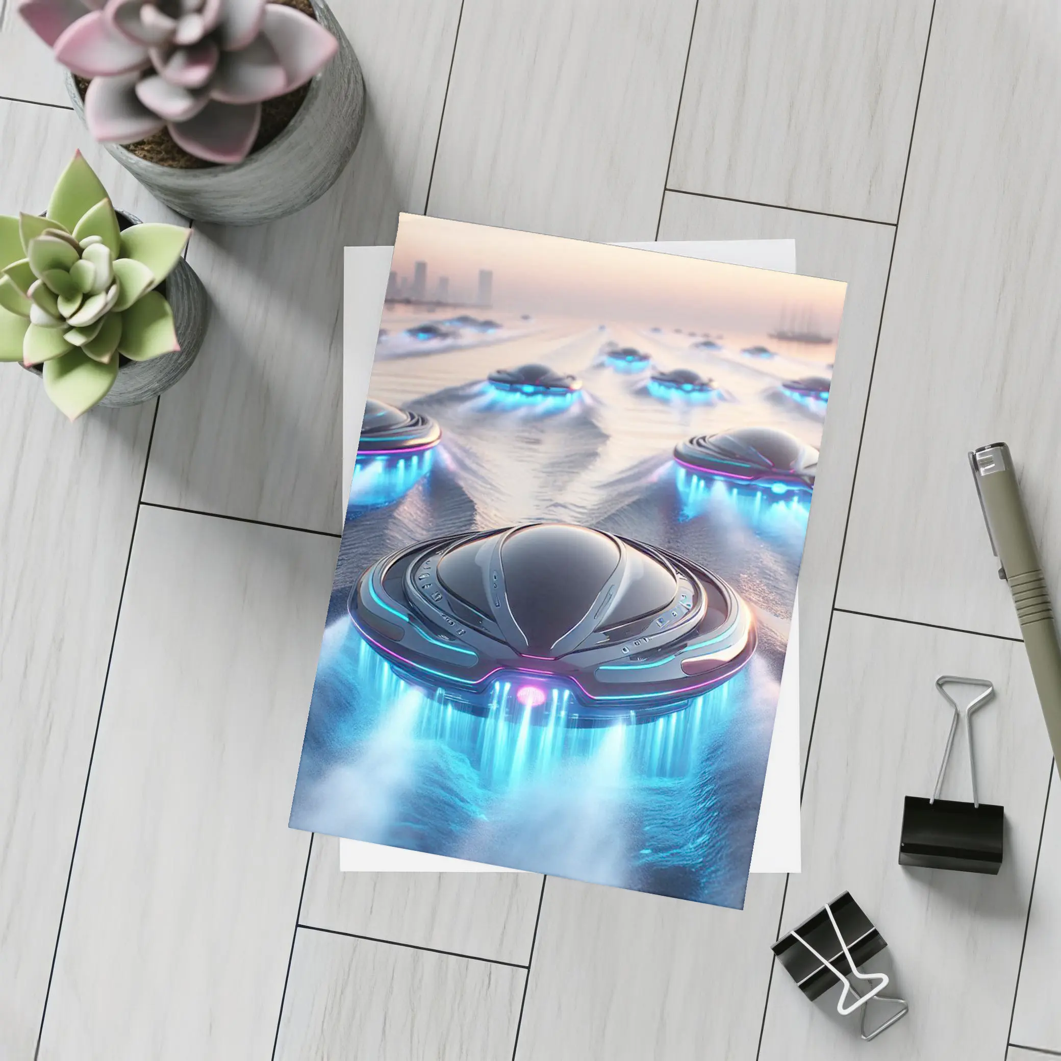 Futuristic UFO Fleet Over Neon Ocean – Postcards