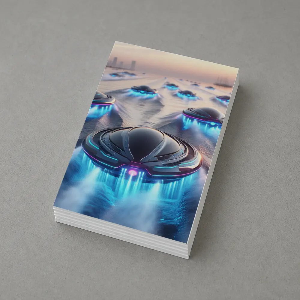 Futuristic UFO Fleet Over Neon Ocean – Postcards