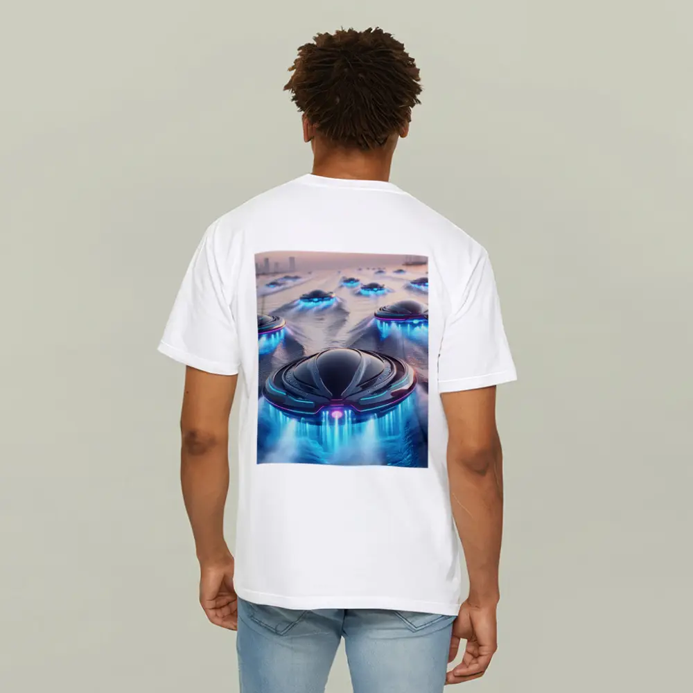 Futuristic UFO Fleet Over Neon Ocean – T-Shirts