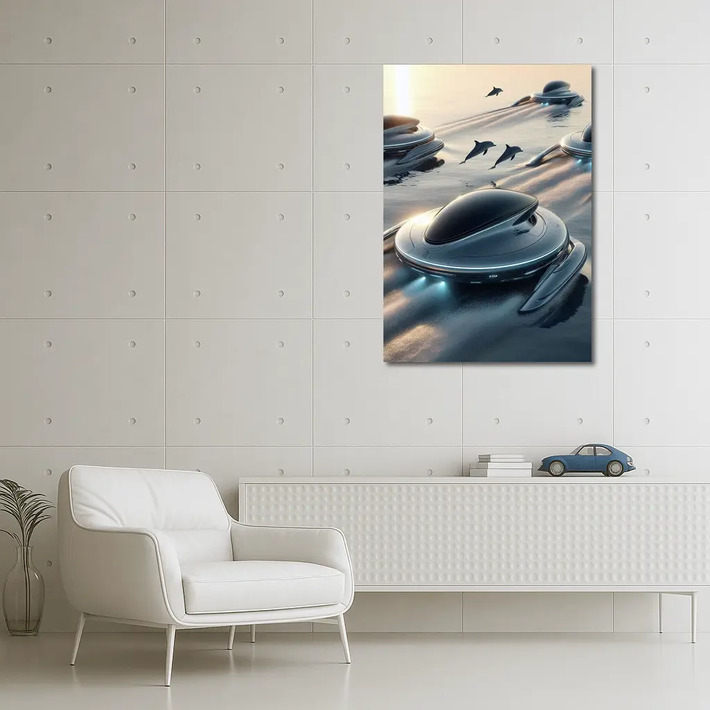 Futuristic Pods Dolphins Golden Ocean Sunset – Wall Art