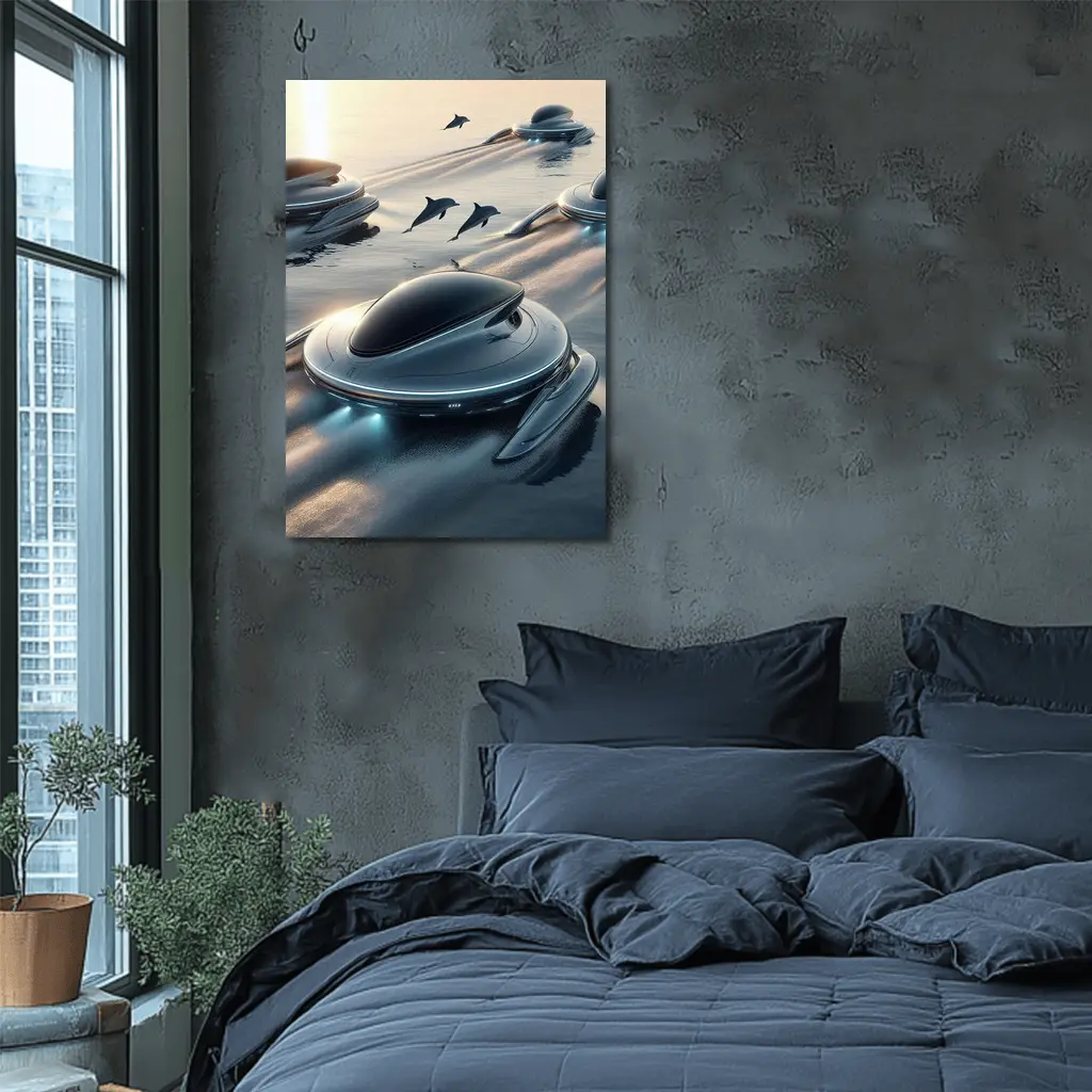 Futuristic Pods Dolphins Golden Ocean Sunset – Wall Art