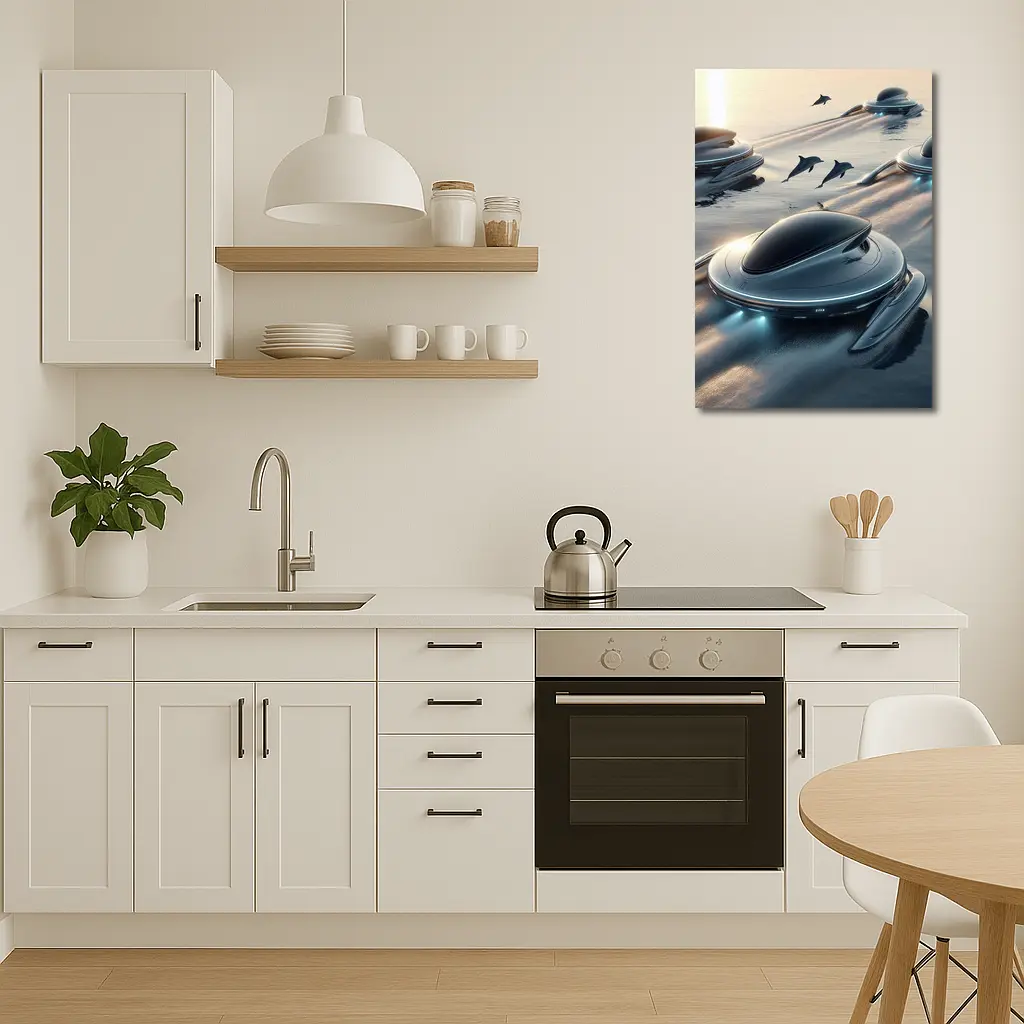Futuristic Pods Dolphins Golden Ocean Sunset – Wall Art