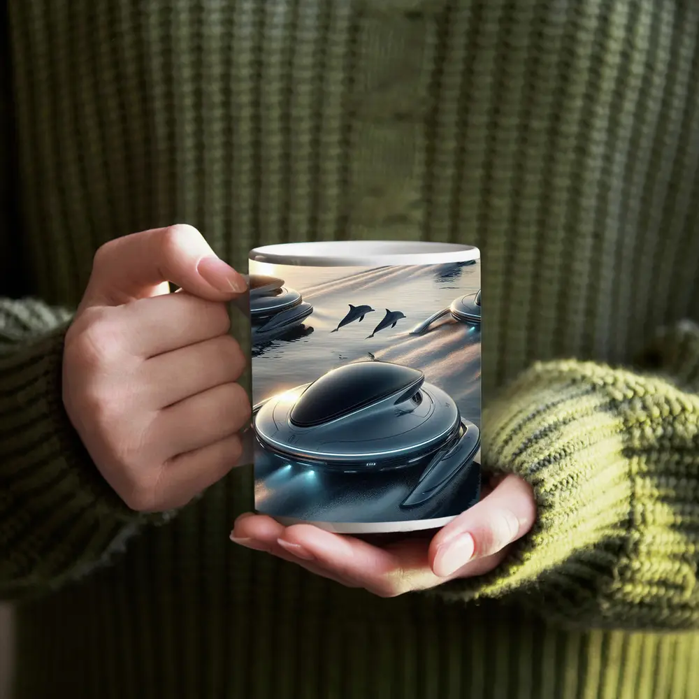 Futuristic Pods Dolphins Golden Ocean Sunset – Mugs