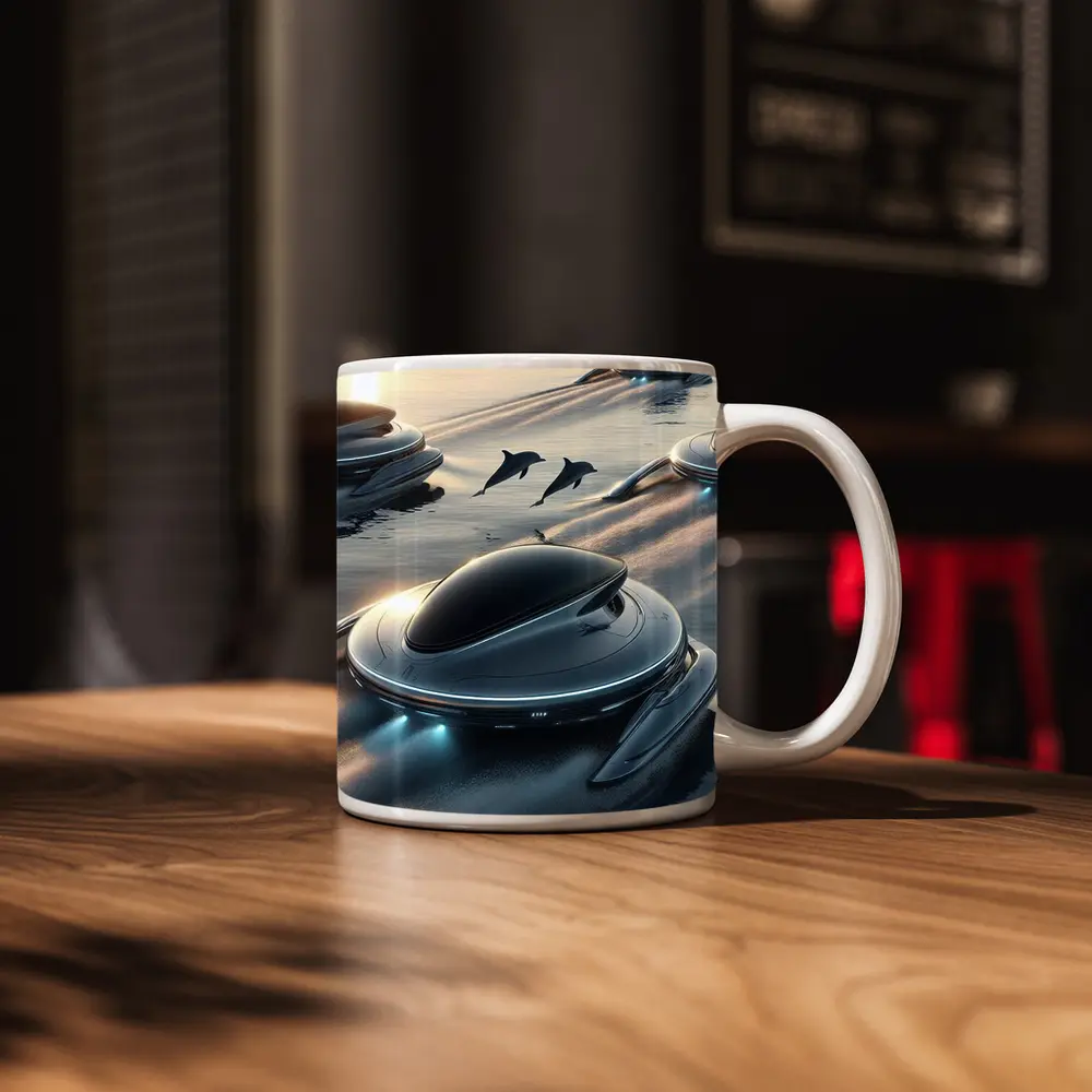 Futuristic Pods Dolphins Golden Ocean Sunset – Mugs
