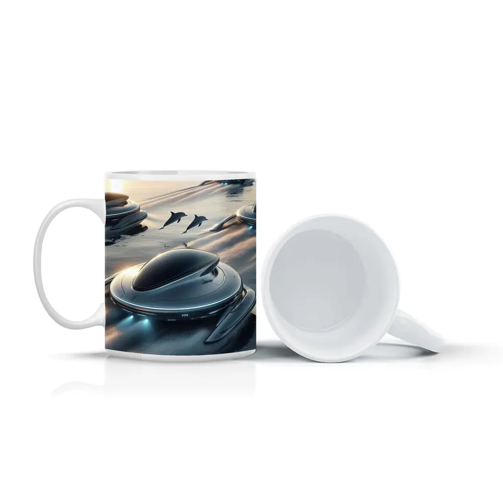 Futuristic Pods Dolphins Golden Ocean Sunset – Mugs