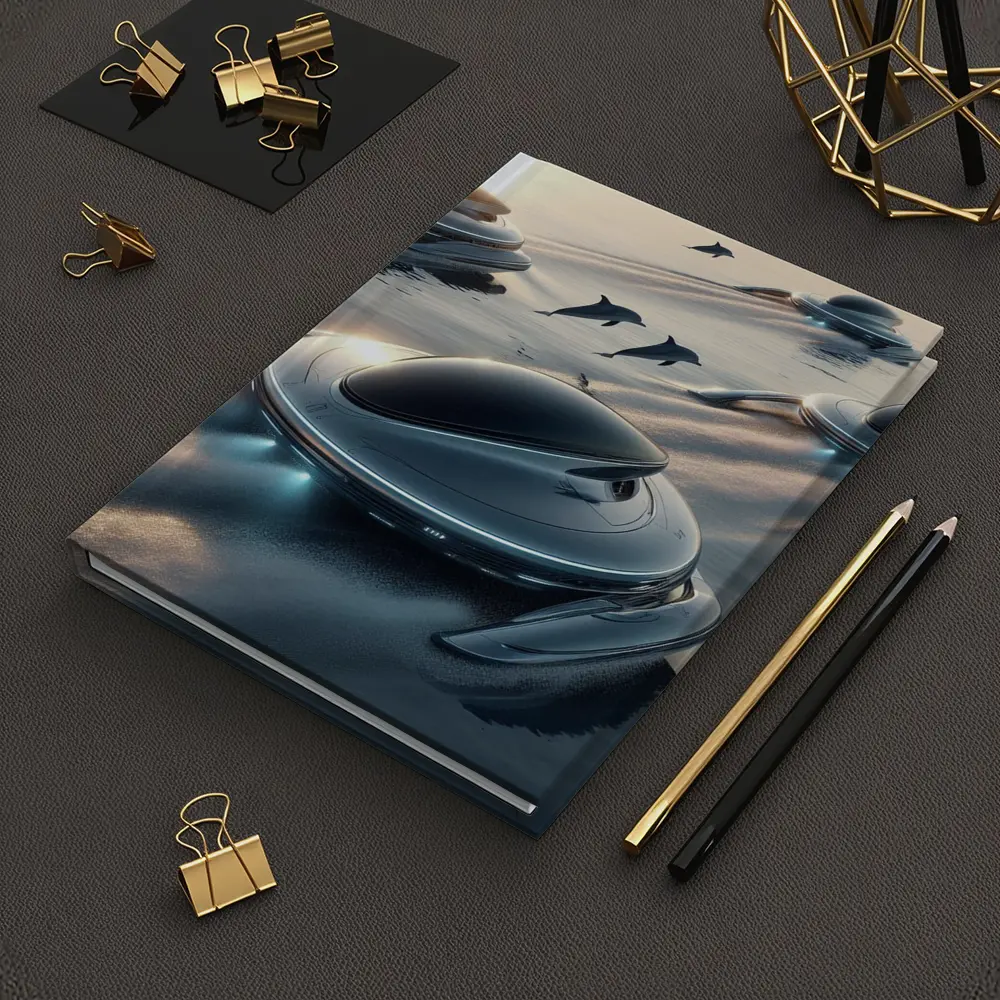Futuristic Pods Dolphins Golden Ocean Sunset – Notebooks